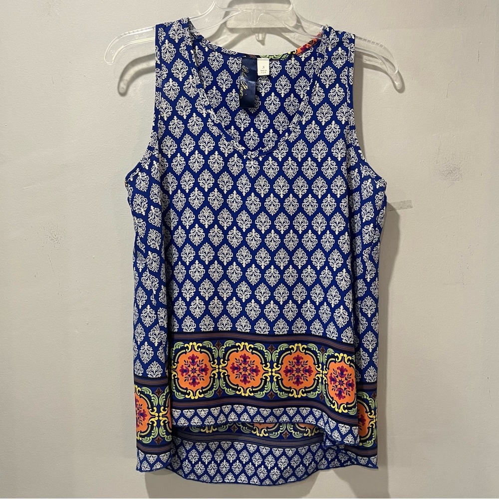 Blue Rain Women Small Blue White Geometric V Neck Sleeveless Tank Polyester Top - Picture 2 of 6